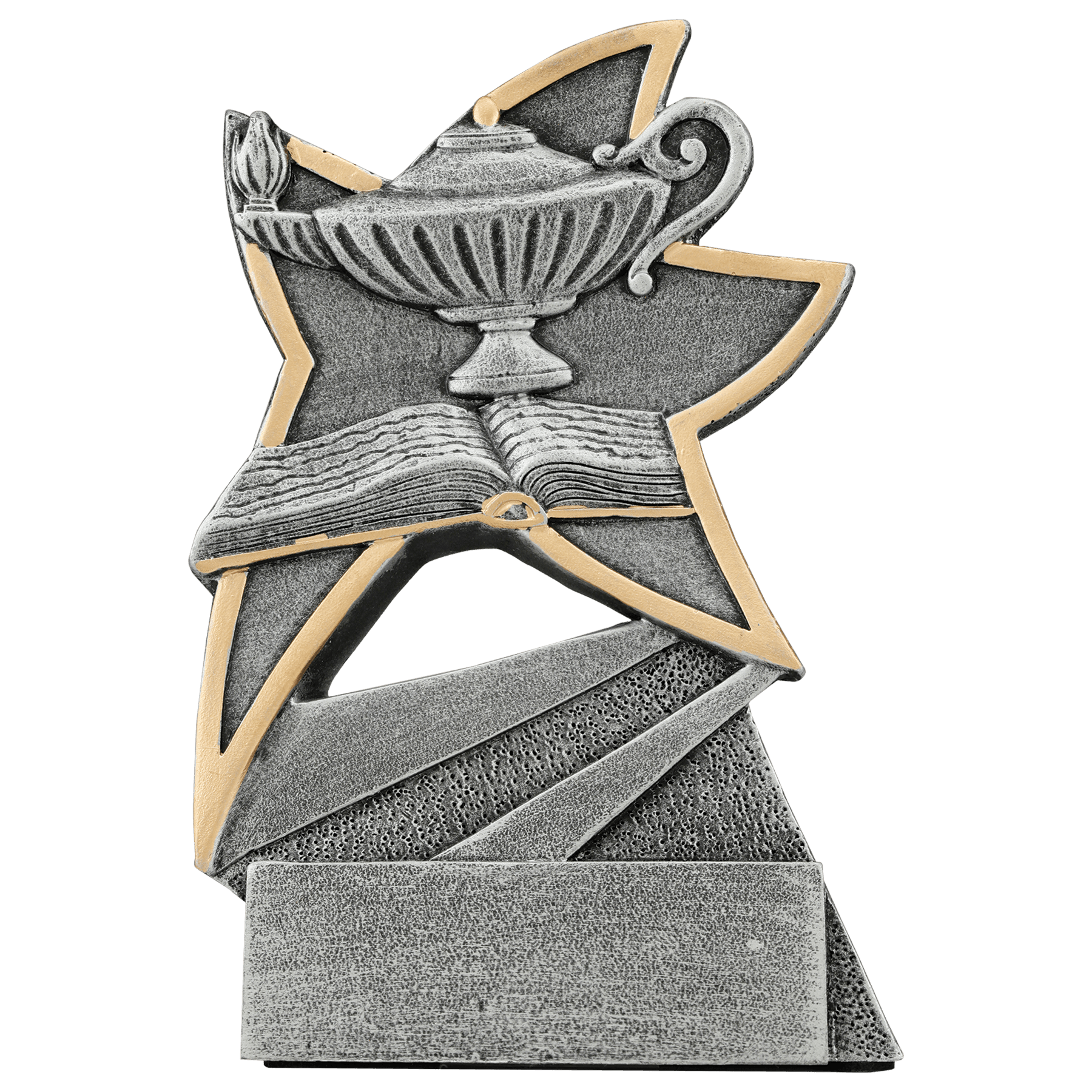 Lamp of Knowledge Jazz Star Resin award, 5.5 inch full-color antique silver and gold