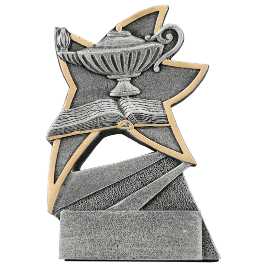 Lamp of Knowledge Jazz Star Resin award, 5.5 inch full-color antique silver and gold