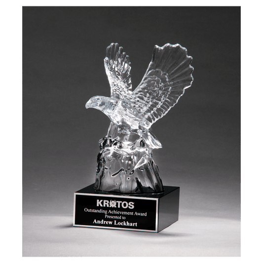 Carved crystal eagle award mounted on a black crystal base with a black engravable aluminum plate, 9.5 inches tall