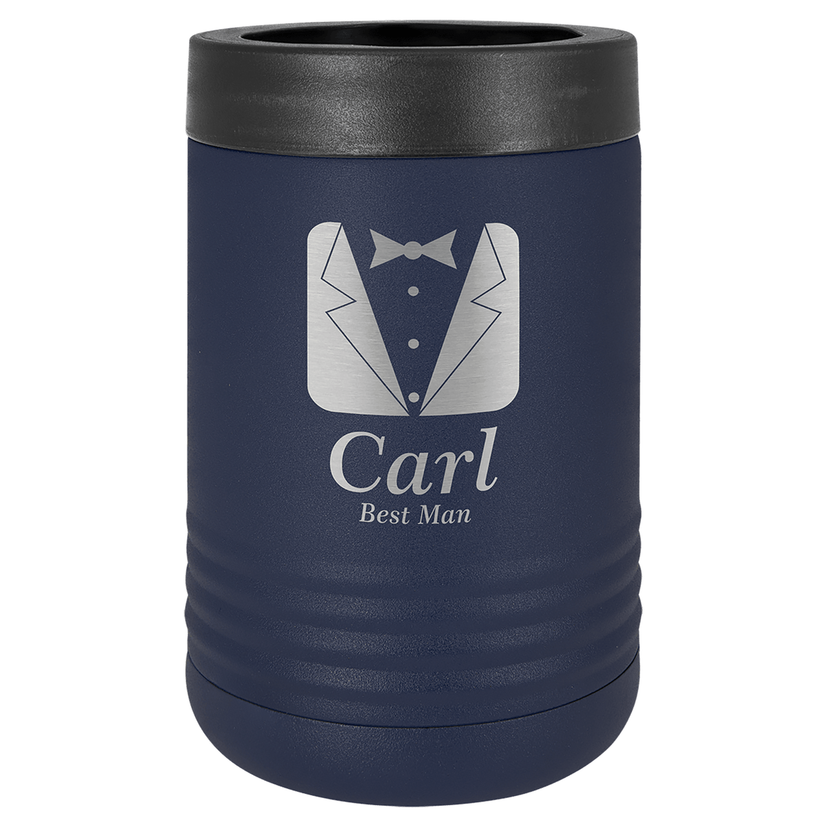 Personalized insulated can cooler in navy blue