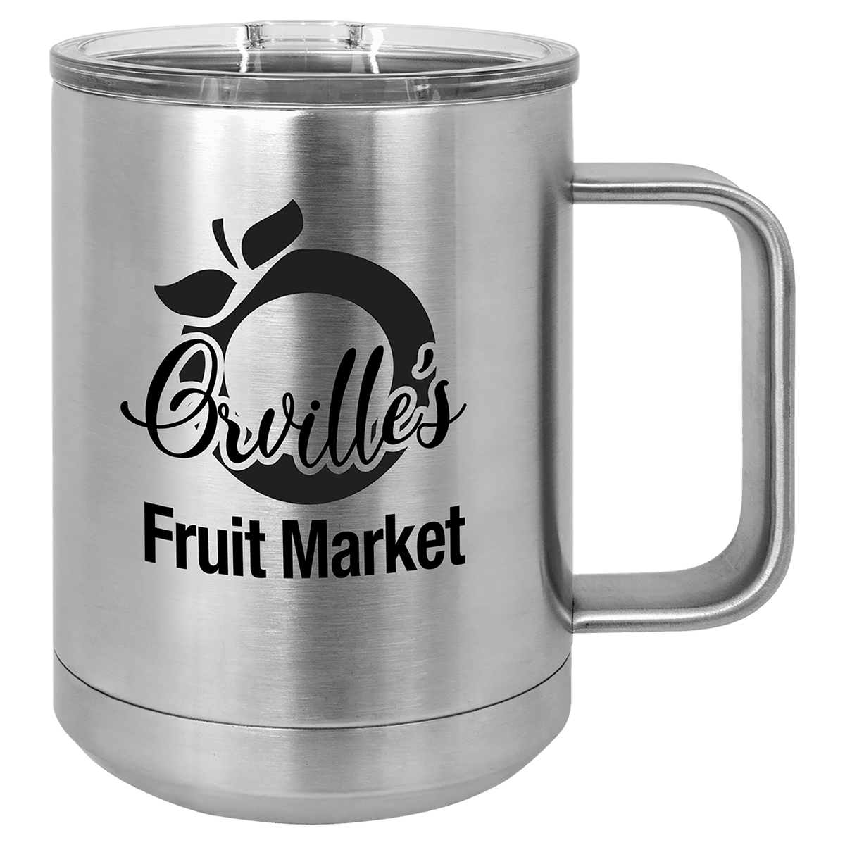 Personalized 15 oz insulated coffee mug with slider lid in stainless steel