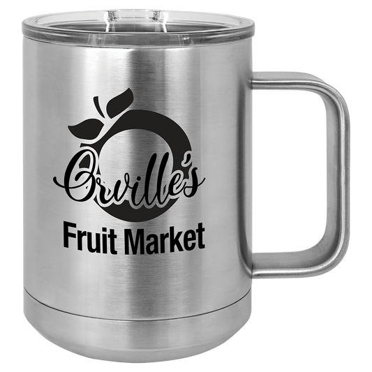 Personalized 15 oz insulated coffee mug with slider lid in stainless steel