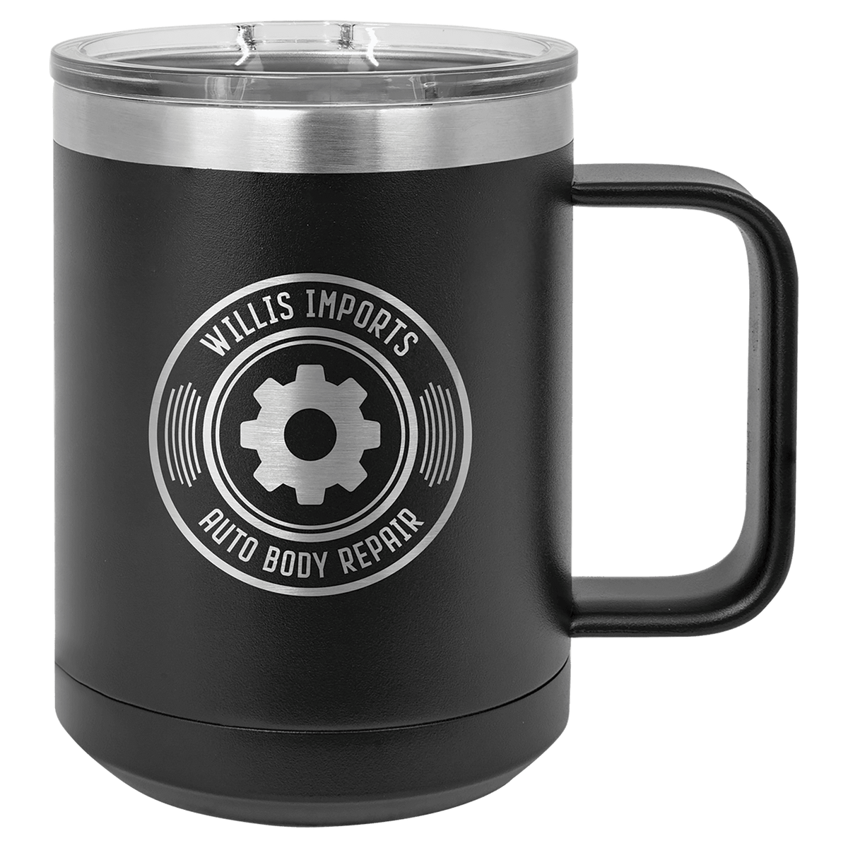 Personalized 15 oz insulated coffee mug with slider lid in black