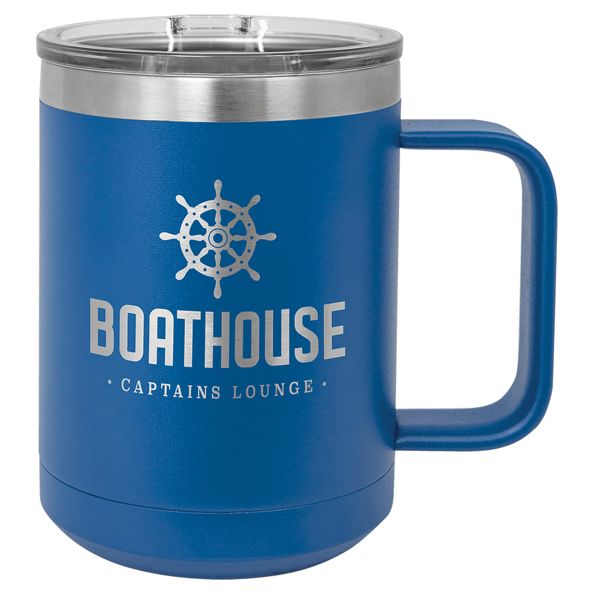 Personalized 15 oz insulated coffee mug with slider lid in royal blue