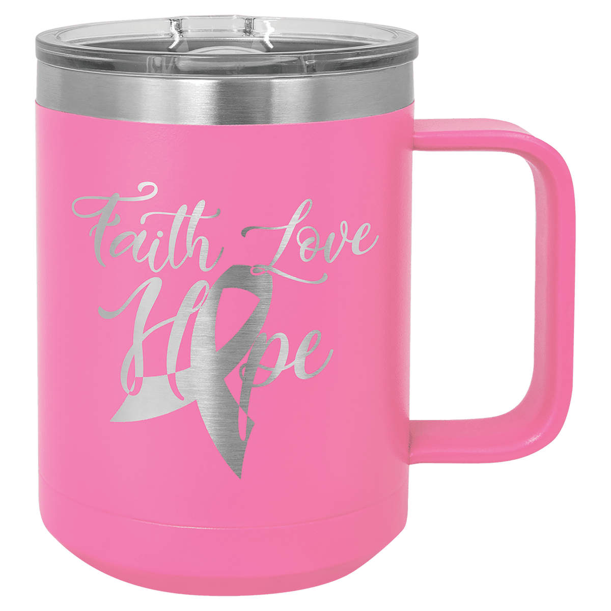 Personalized 15 oz insulated coffee mug with slider lid in pink