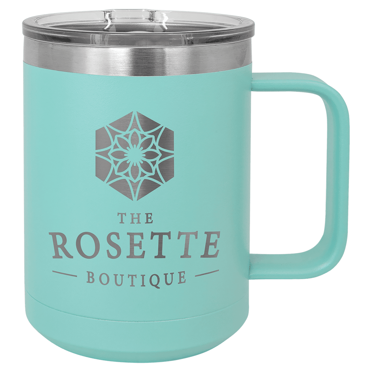 Personalized 15 oz insulated coffee mug with slider lid in teal