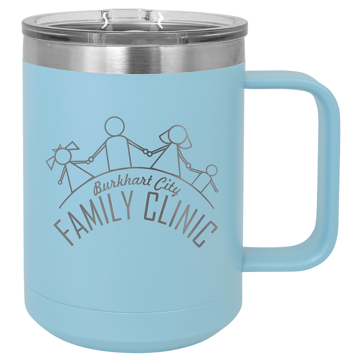Personalized 15 oz insulated coffee mug with slider lid in light blue