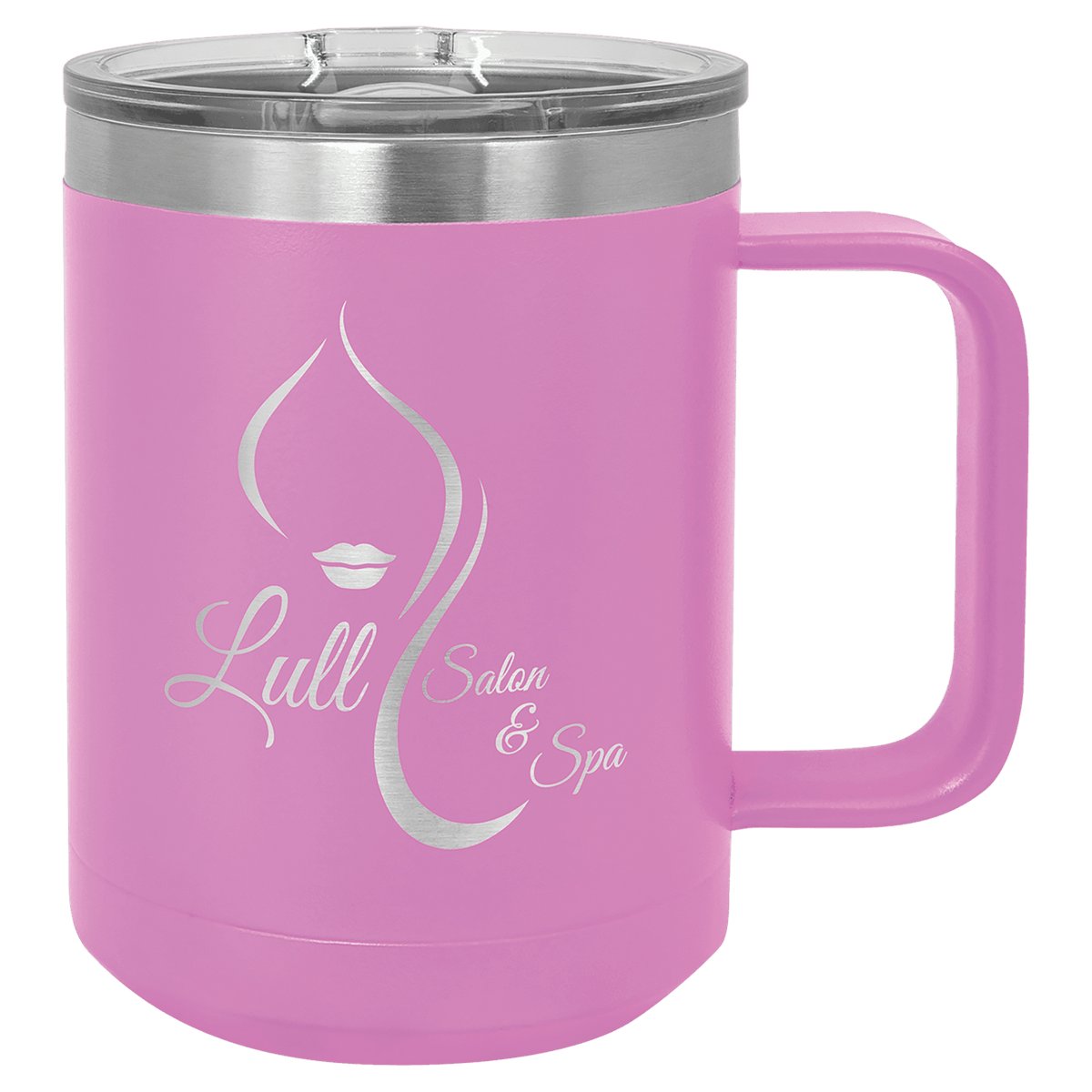 Personalized 15 oz insulated coffee mug with slider lid in light purple