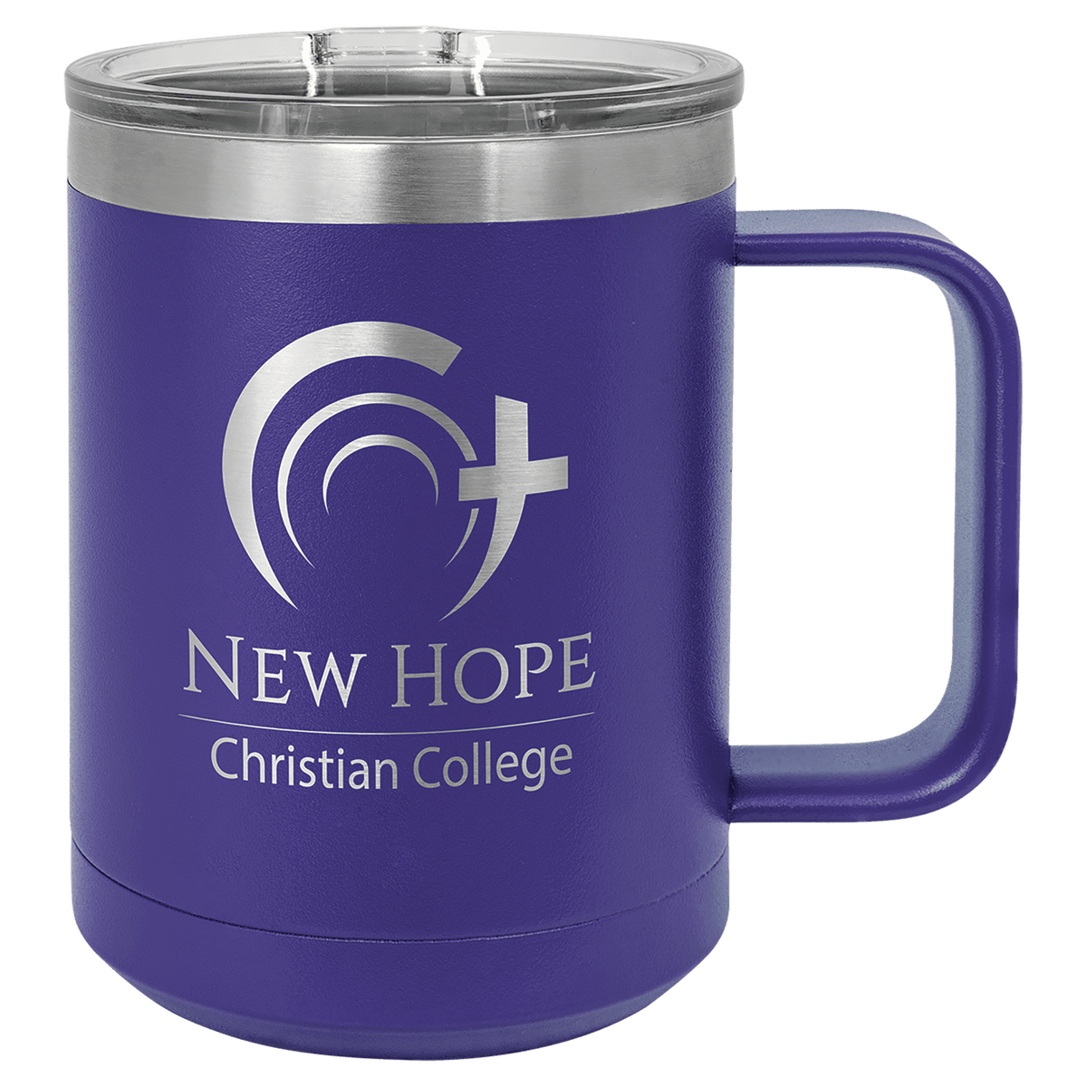 Personalized 15 oz insulated coffee mug with slider lid in purple