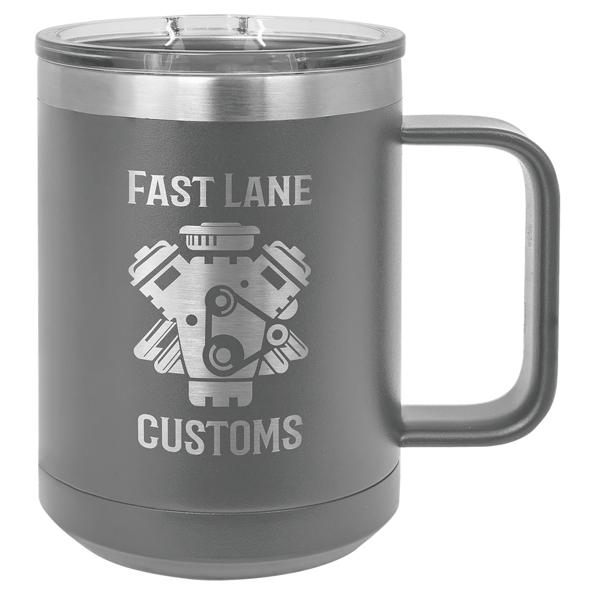 Personalized 15 oz insulated coffee mug with slider lid in dark gray