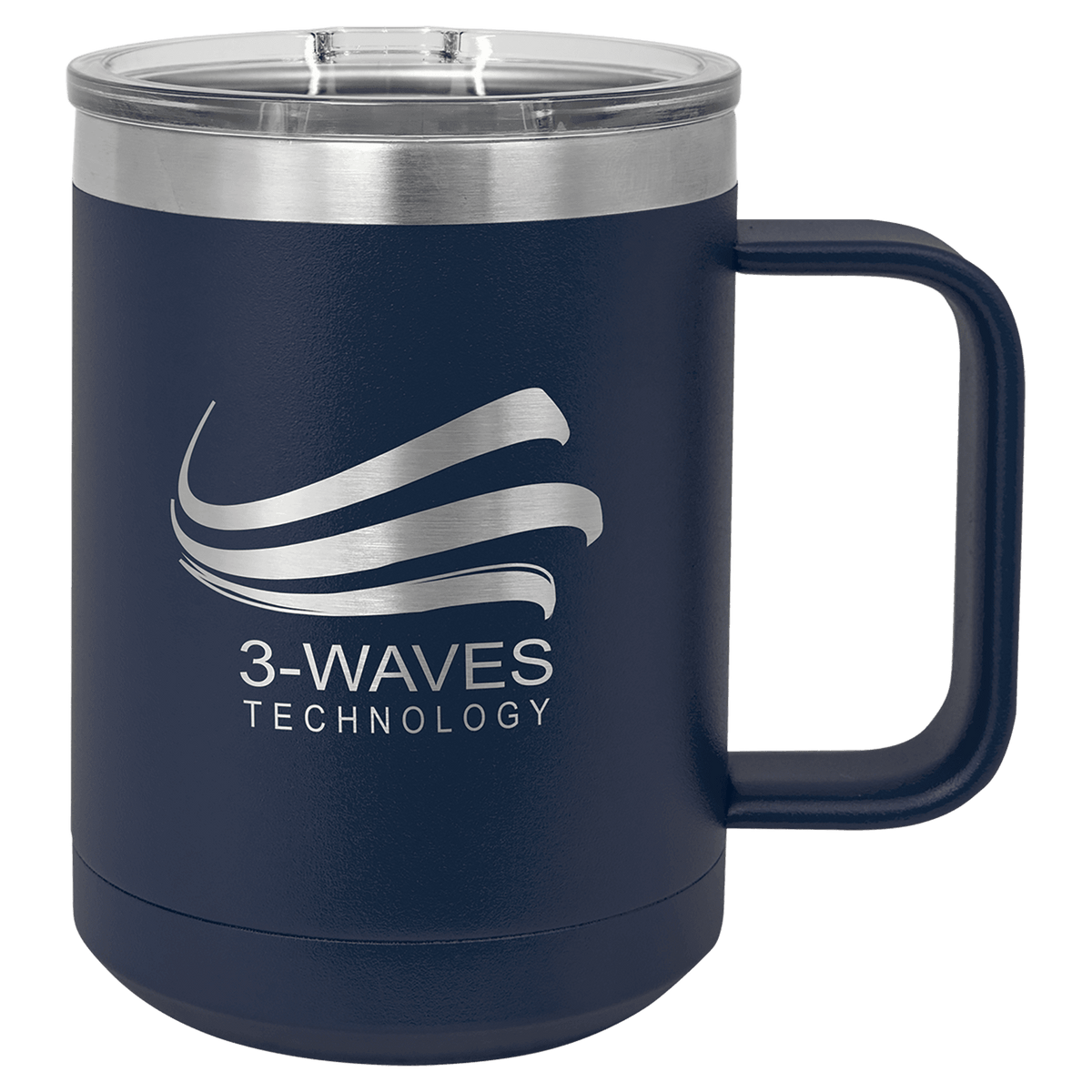 Personalized 15 oz insulated coffee mug with slider lid in navy blue
