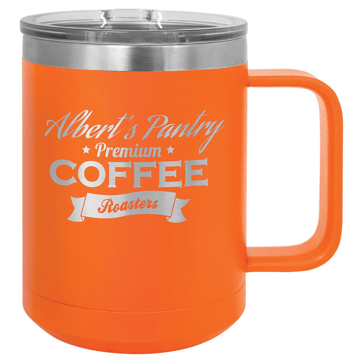 Personalized 15 oz insulated coffee mug with slider lid in orange