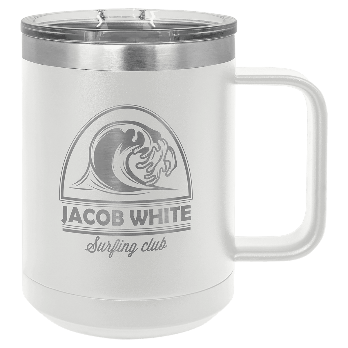Personalized 15 oz insulated coffee mug with slider lid in white