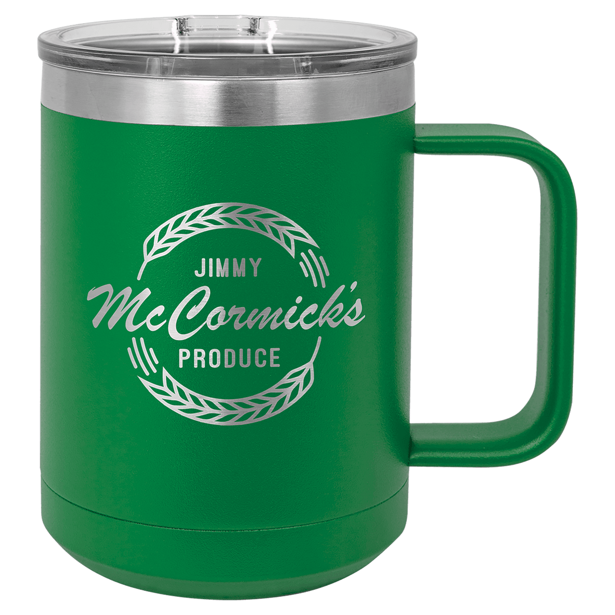 Personalized 15 oz insulated coffee mug with slider lid in green