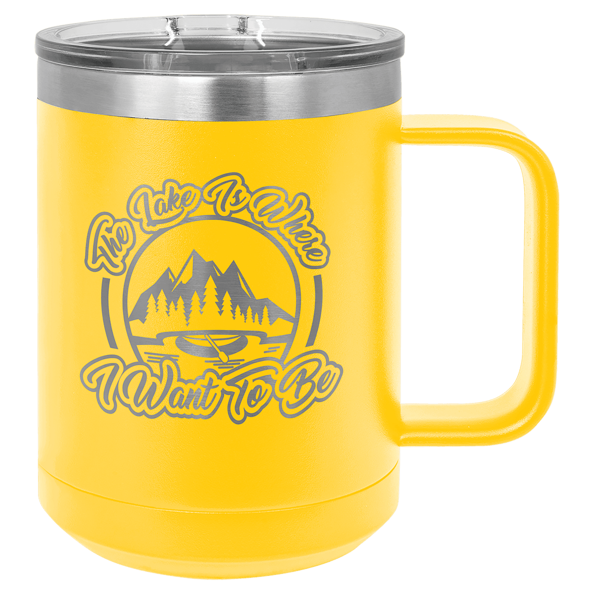 Personalized 15 oz insulated coffee mug with slider lid in yellow