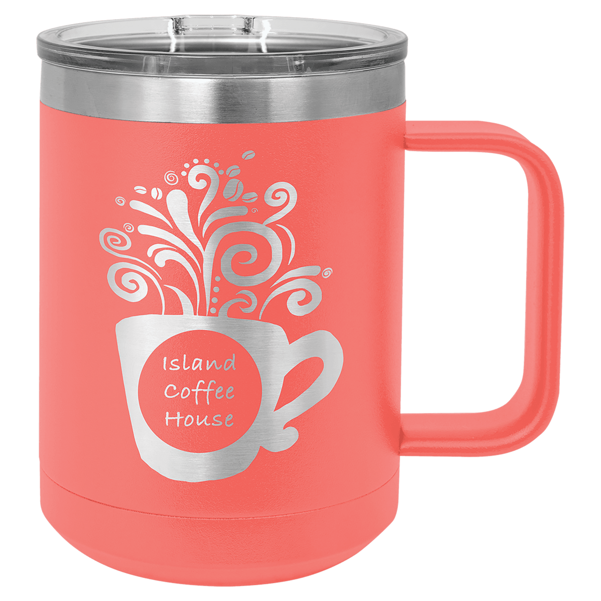 Personalized 15 oz insulated coffee mug with slider lid in coral