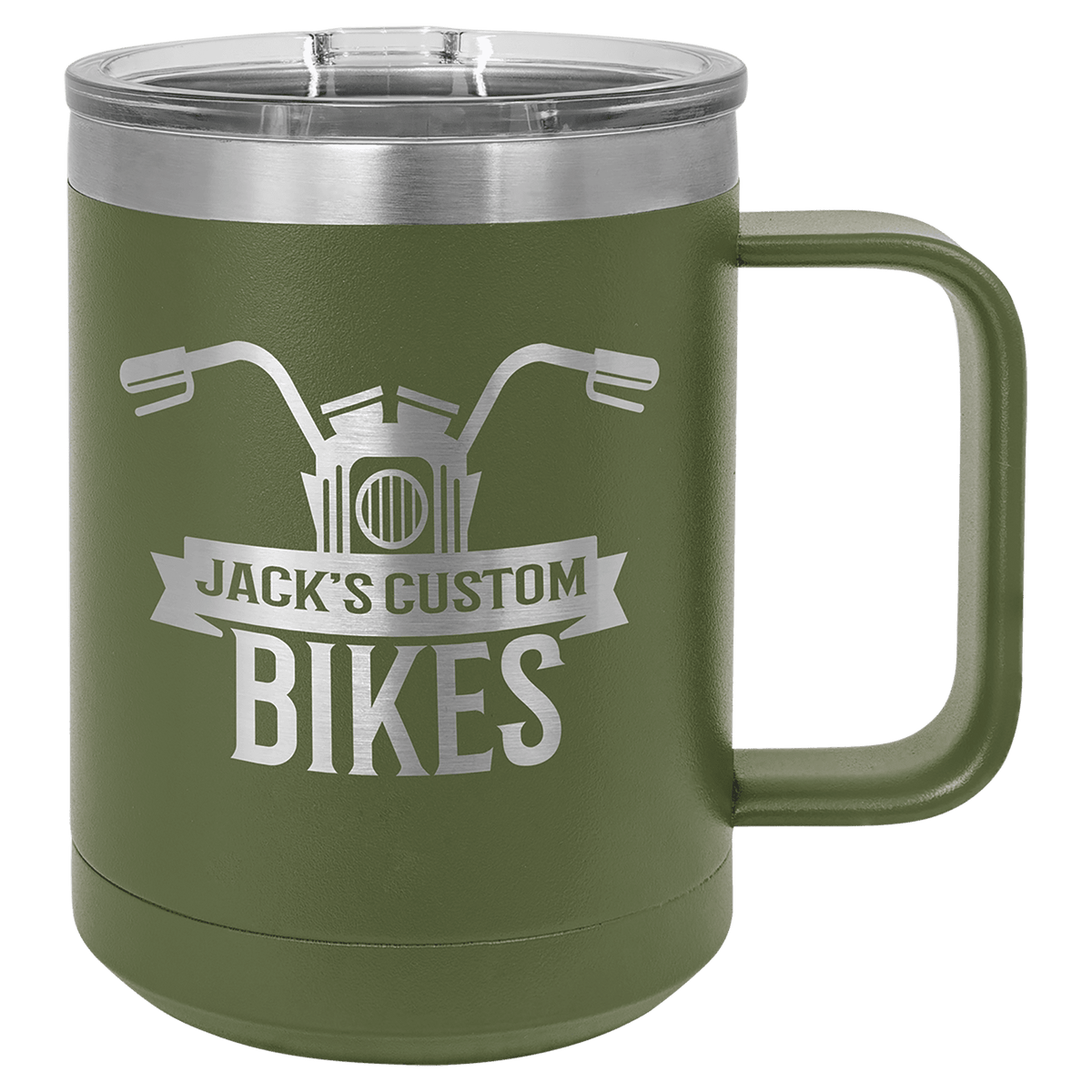 Personalized 15 oz insulated coffee mug in olive green