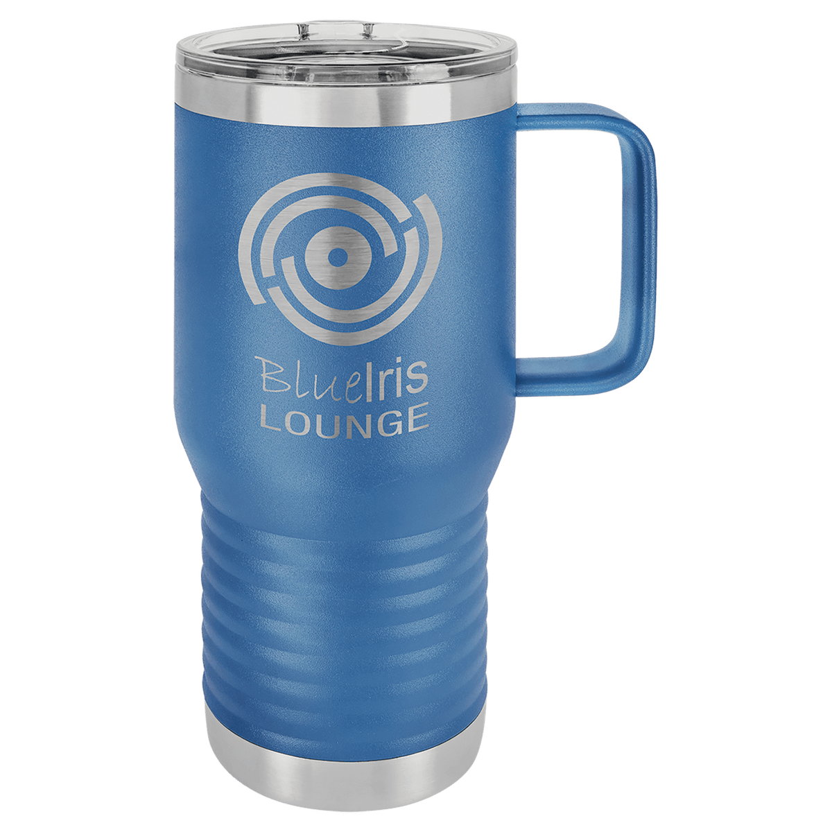 Personalized 20 oz insulated travel mug with slider lid in royal blue