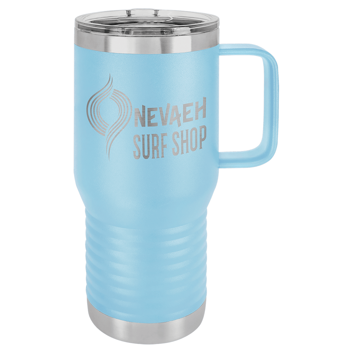 Personalized 20 oz insulated travel mug with slider lid in light blue