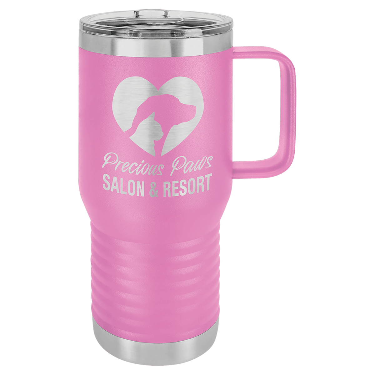 Personalized 20 oz insulated travel mug with slider lid in light purple