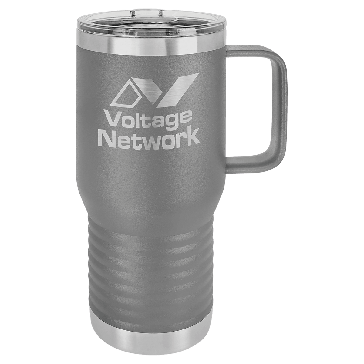 Personalized 20 oz insulated travel mug with slider lid in dark gray