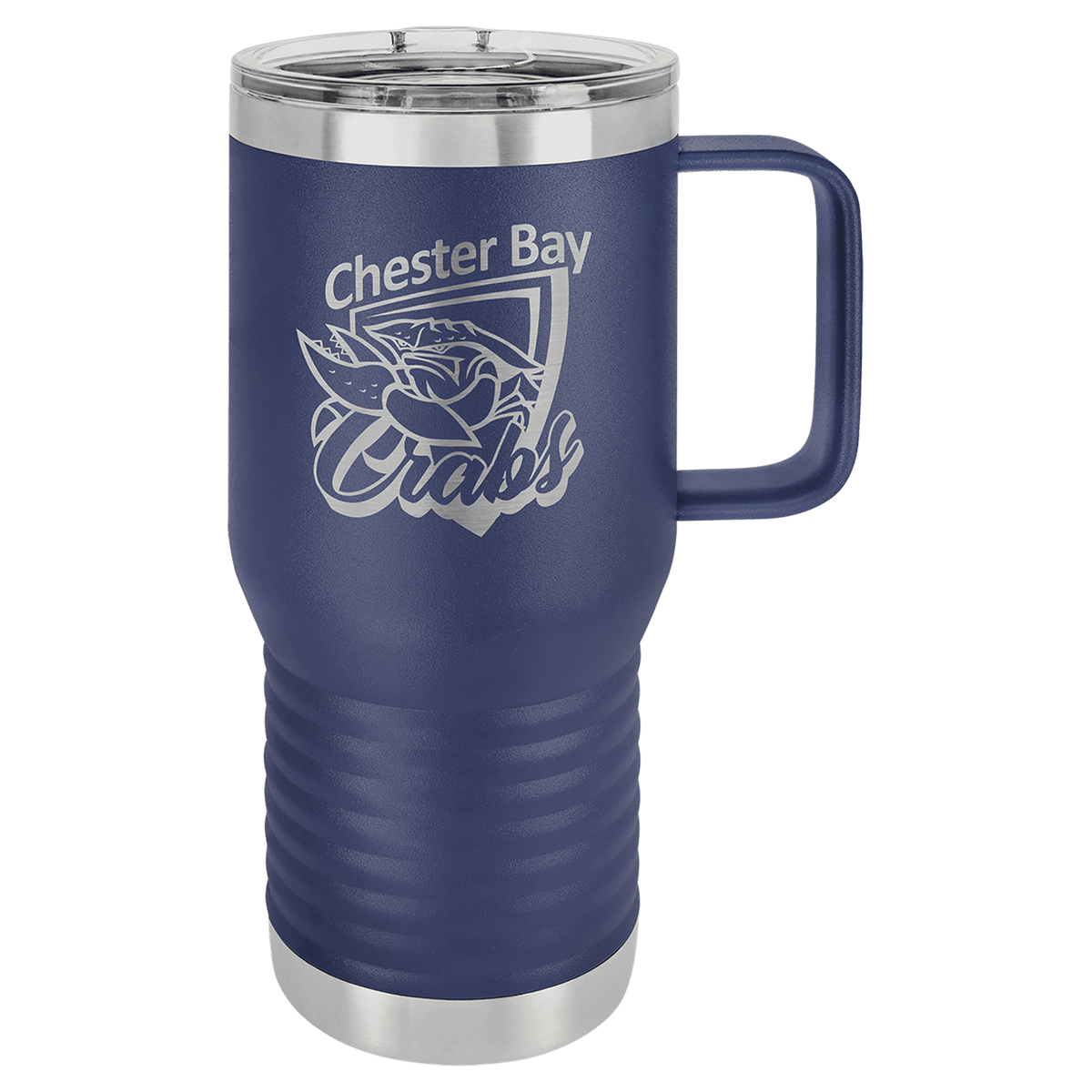 Personalized 20 oz insulated travel mug with slider lid in navy blue