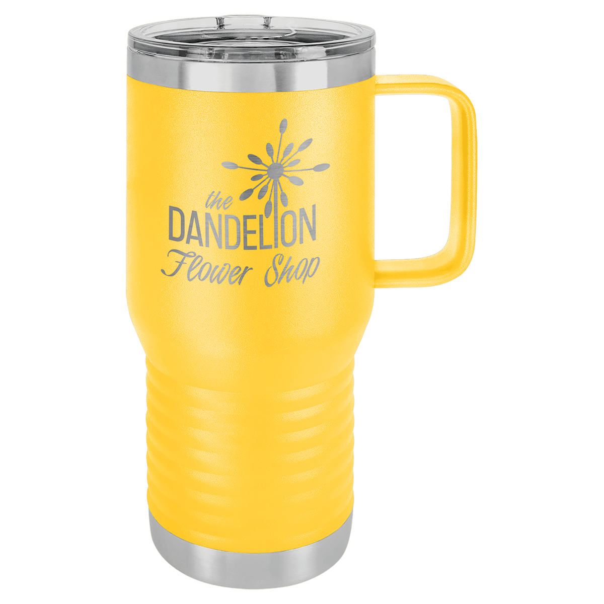 Personalized 20 oz insulated travel mug with slider lid in yellow