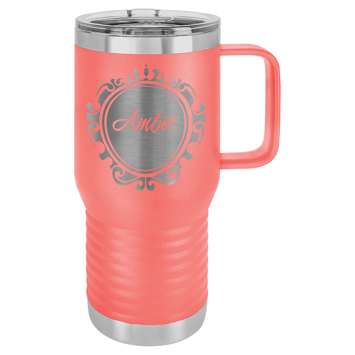 Personalized 20 oz insulated travel mug with slider lid in coral