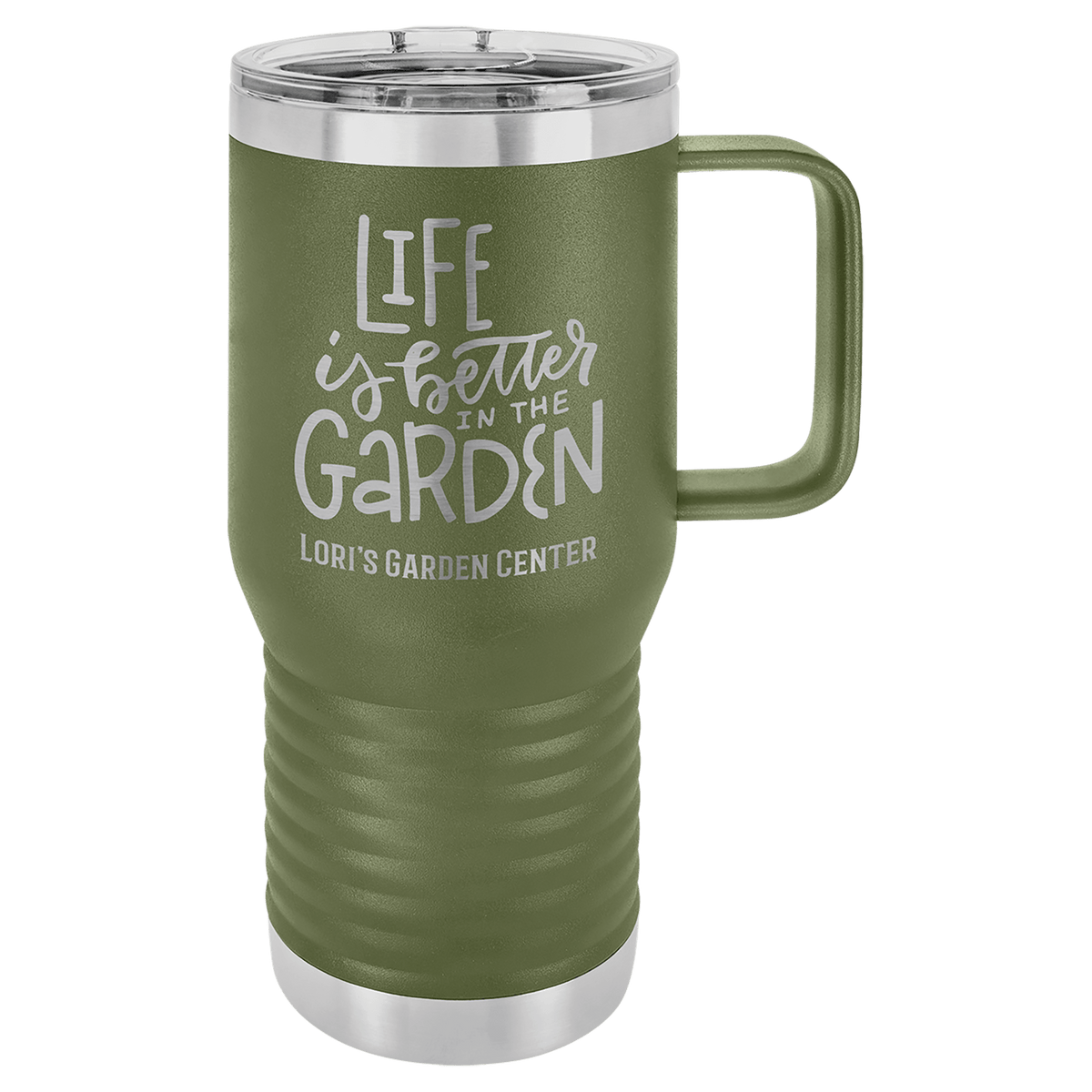 Personalized 20 oz insulated travel mug in olive green