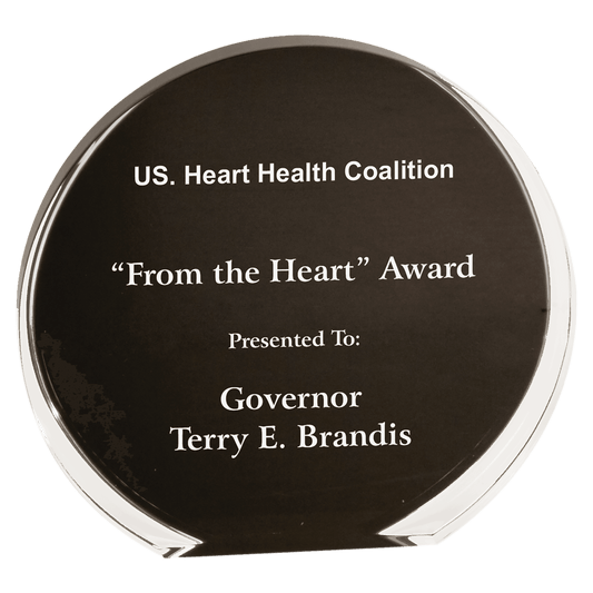 Black & Clear Luminary Circle Acrylic award, 5 1/2", self-standing acrylic with clear engraving area