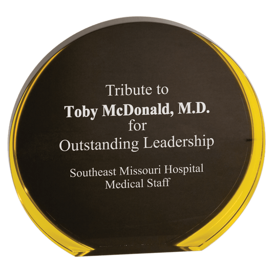 Black & Gold Luminary Circle Acrylic award, 5 1/2", self-standing acrylic with clear engraving area