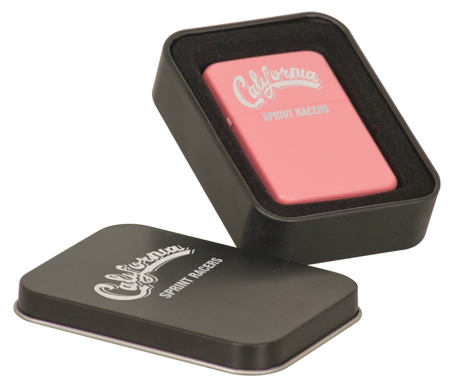 Pink lighter with 'California Sprint Racers' branding in a black box on a white background