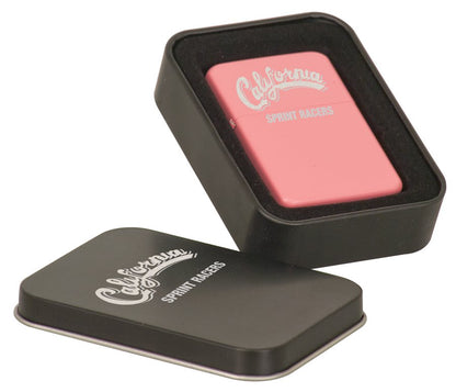 Pink lighter with 'California Sprint Racers' branding in a black box on a white background