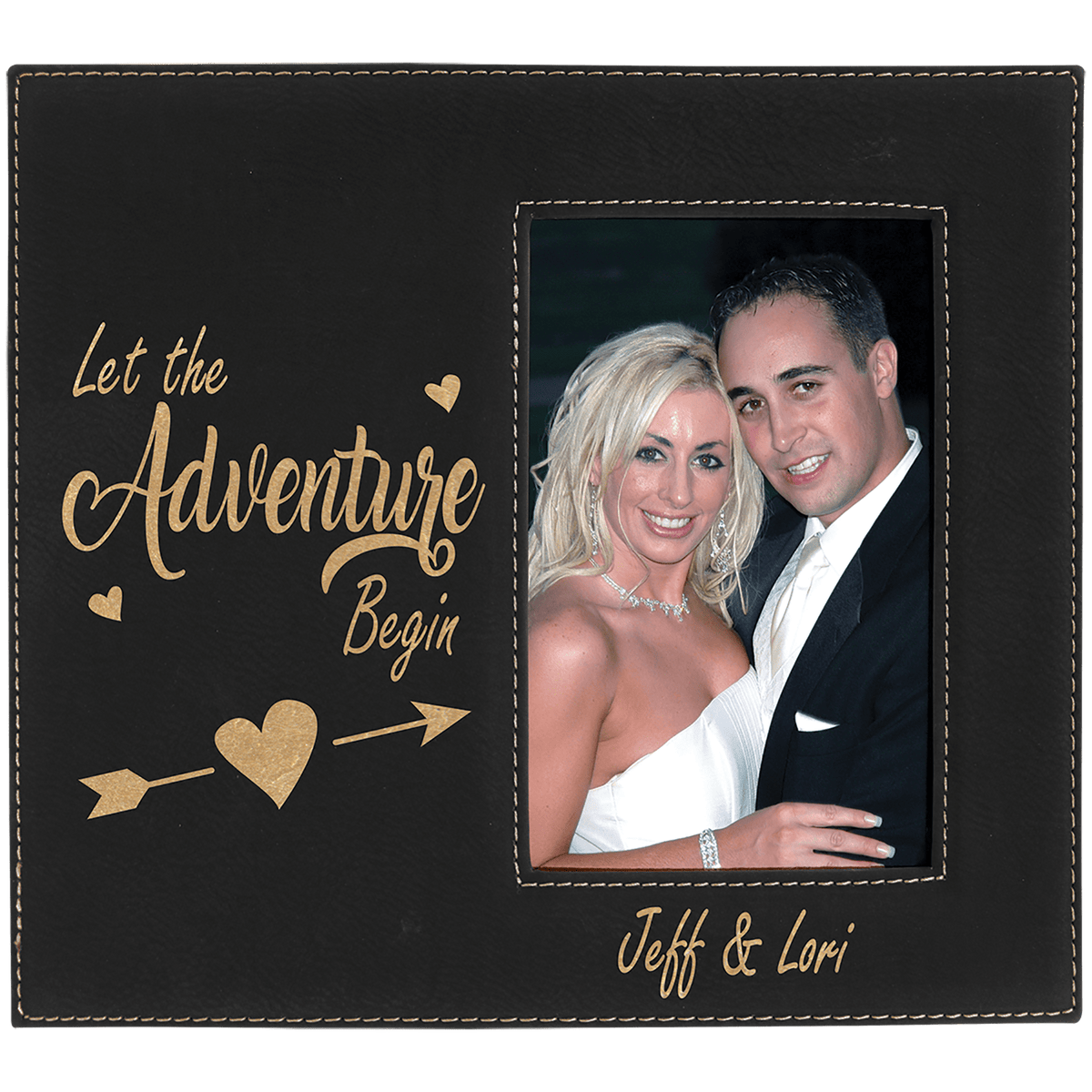 Personalized black/gold leatherette 4x6 photo frame with engraving area