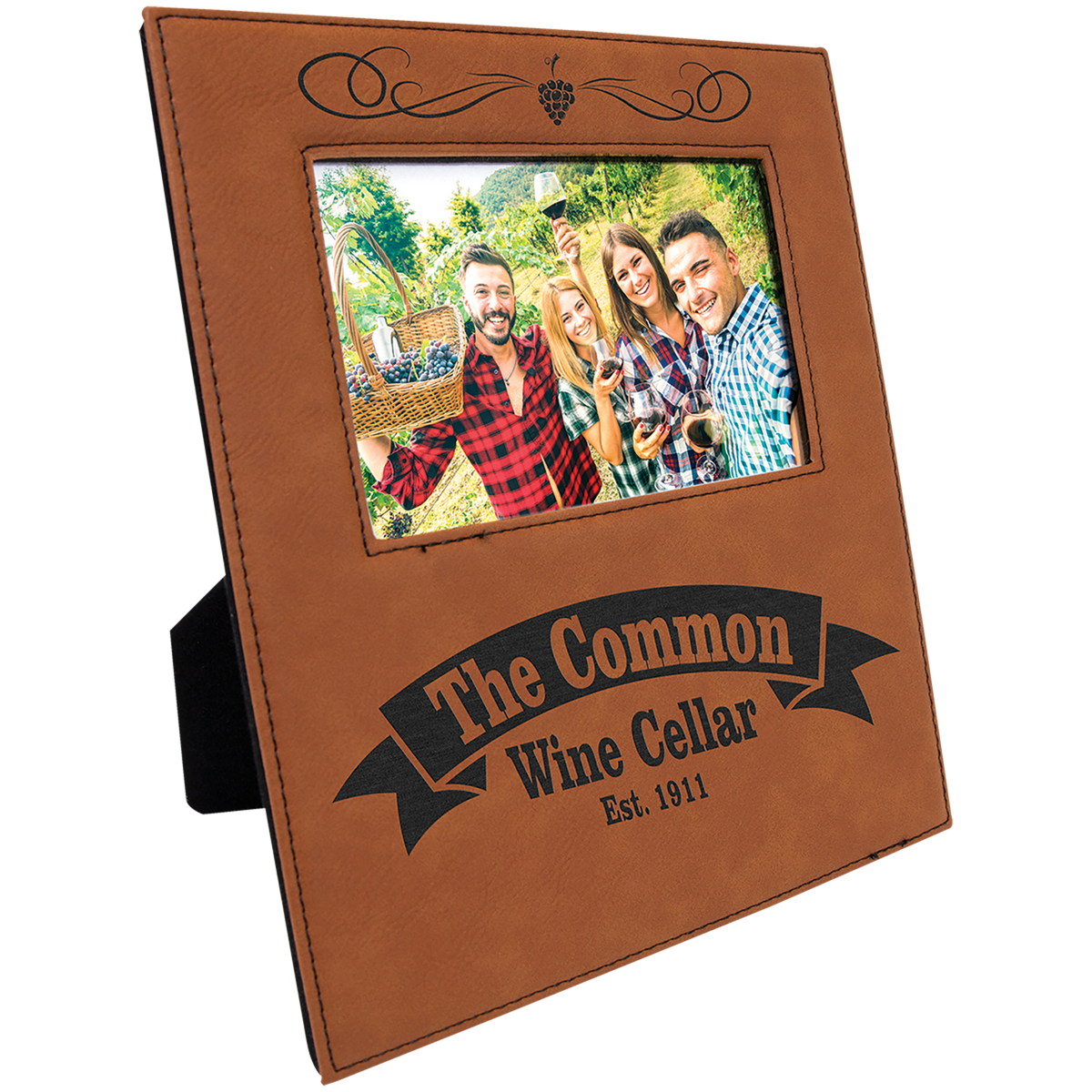 Personalized rawhide leatherette 4x6 photo frame with engraving area