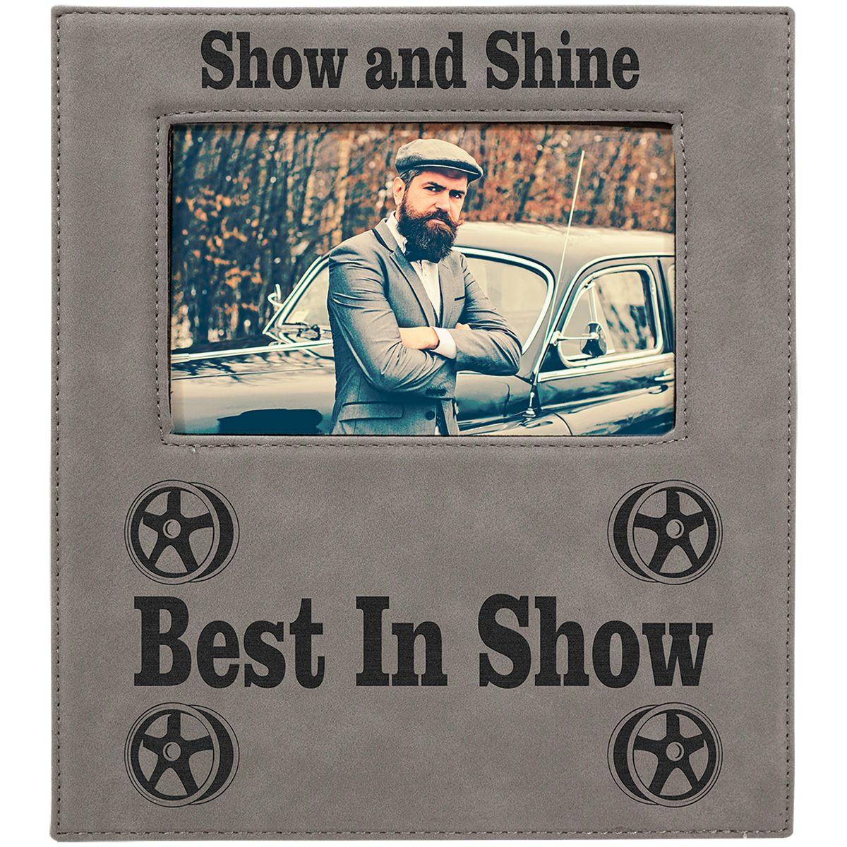 Personalized gray leatherette 4x6 photo frame with engraving area