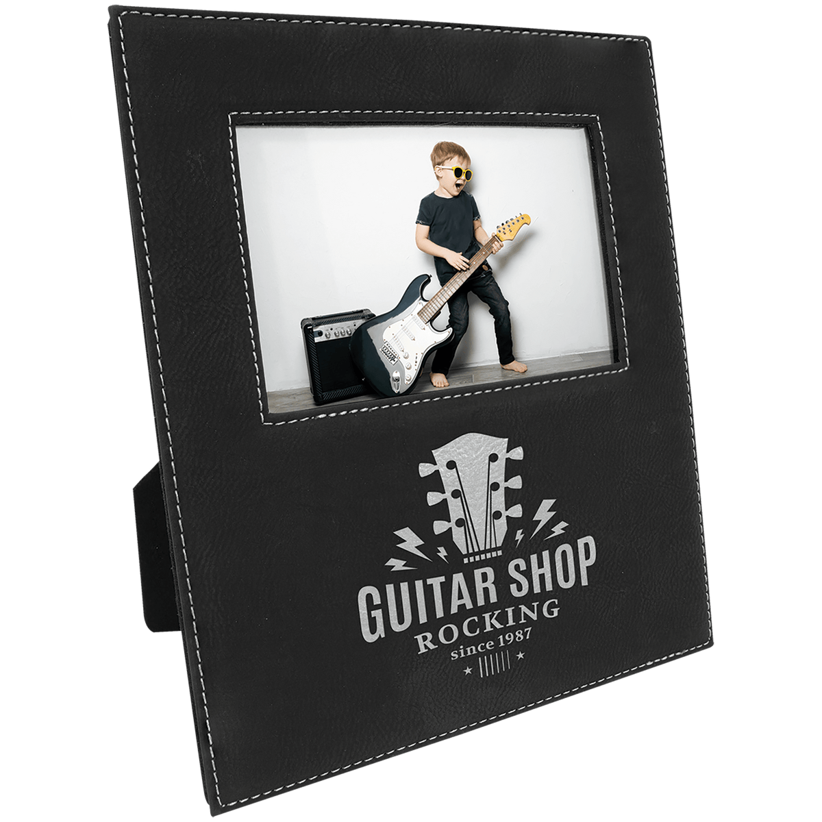 Personalized black/silver leatherette 4x6 photo frame with engraving area