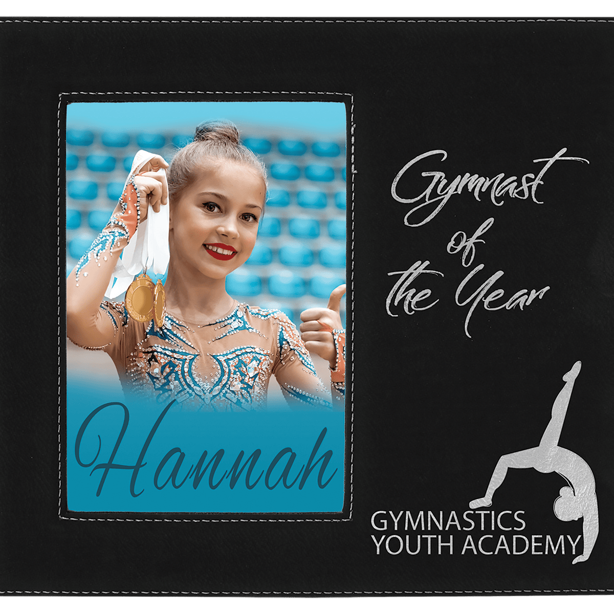 Personalized black/silver leatherette 5x7 photo frame with engraving area