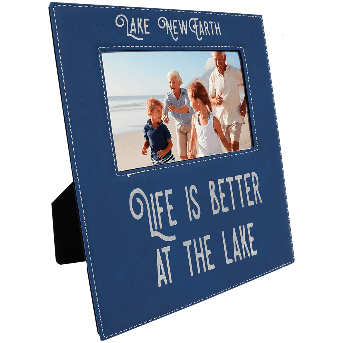 Personalized blue/silver leatherette 4x6 photo frame with engraving area