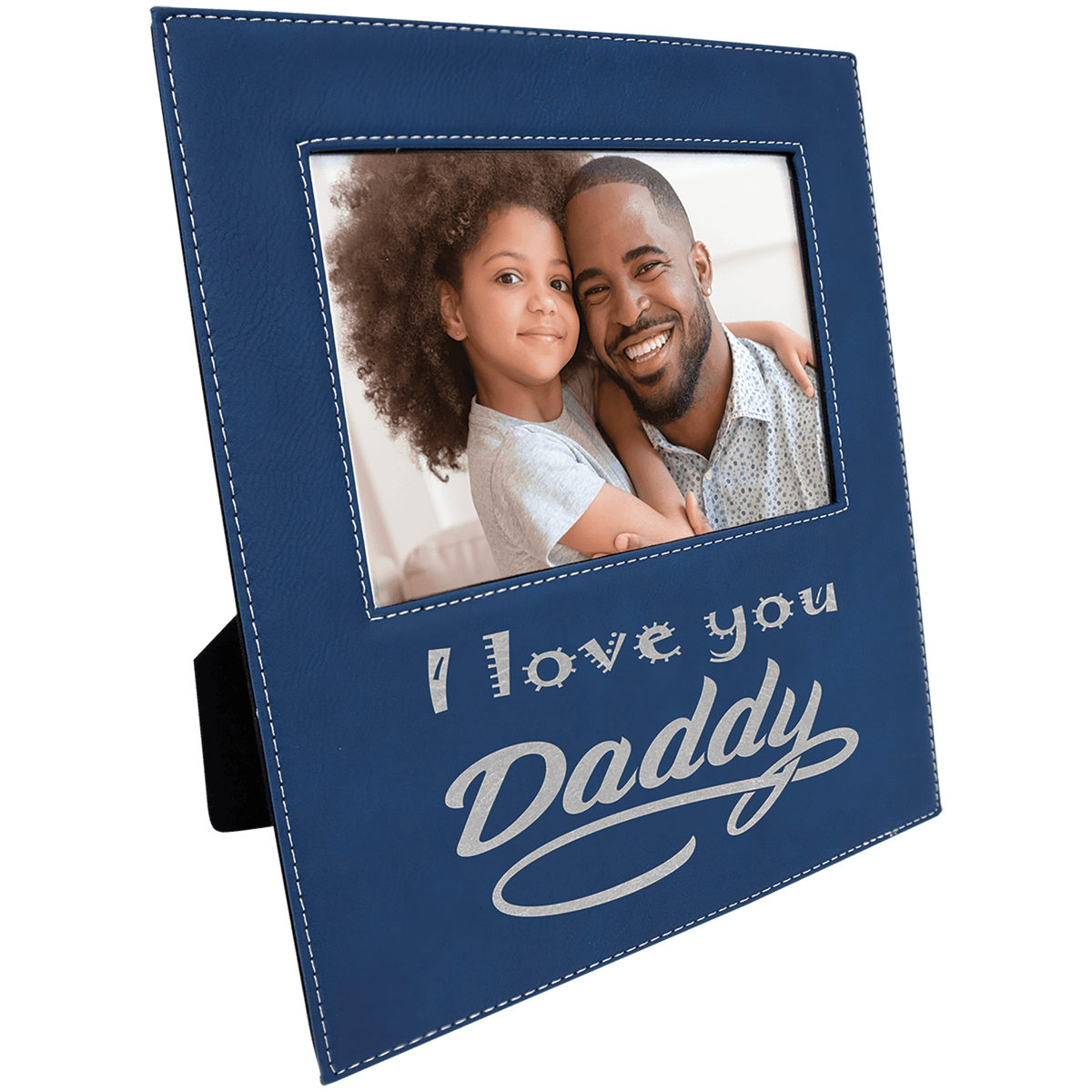 Personalized blue/silver leatherette 5x7 photo frame with engraving area