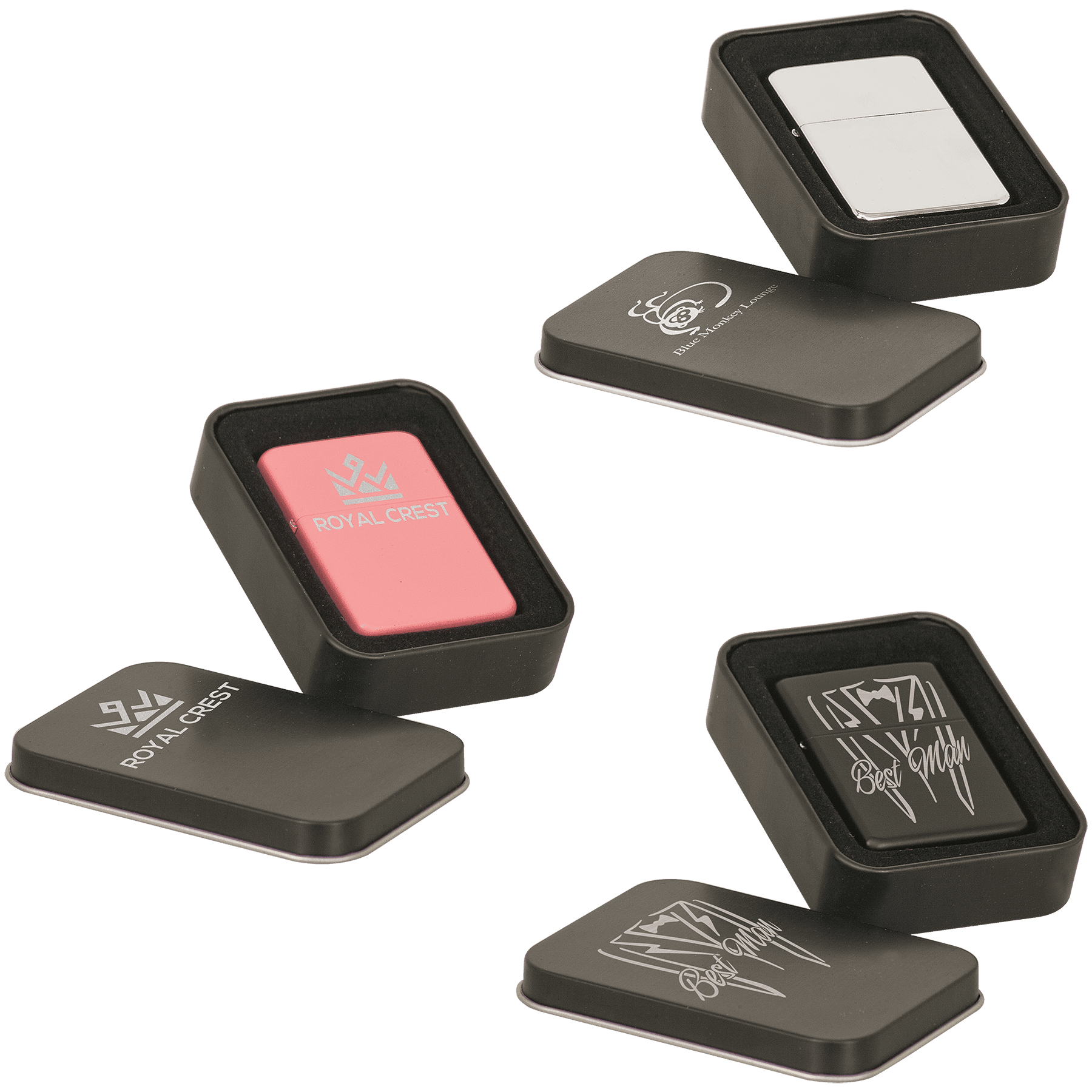 Lighters in a black tin showing options of chrome, pink and black