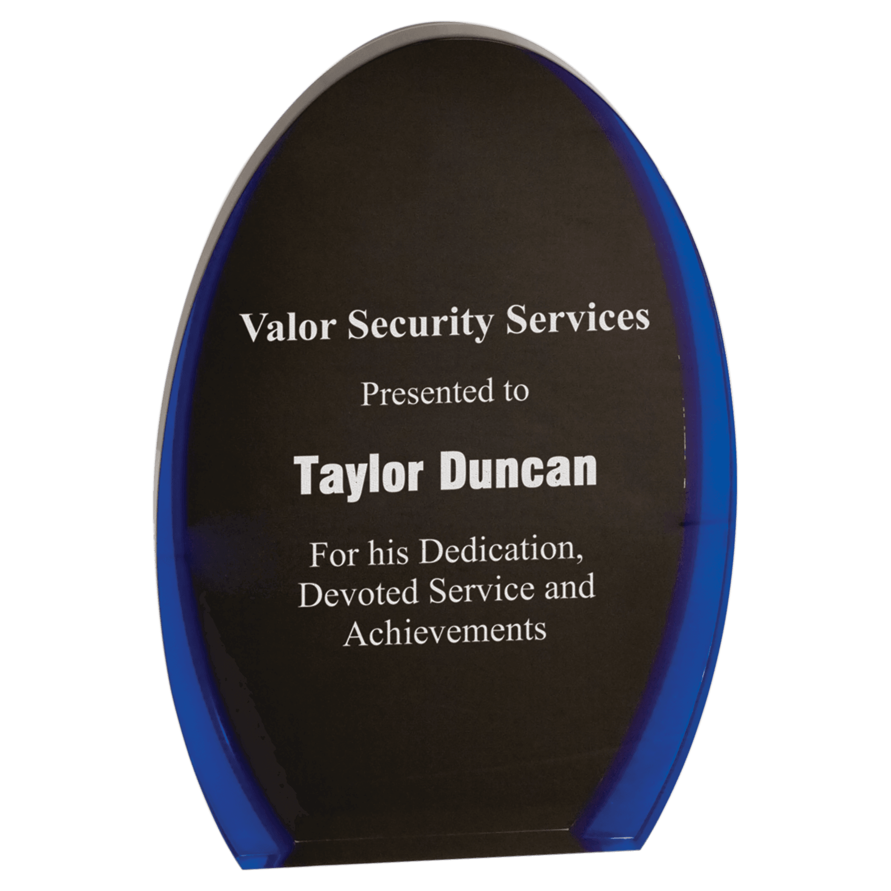 Black & Blue Luminary Oval Acrylic award, 7", self-standing acrylic with clear engraving area