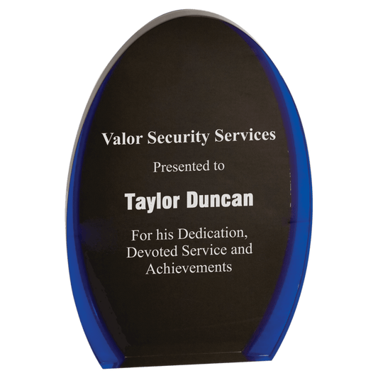 Black & Blue Luminary Oval Acrylic award, 7", self-standing acrylic with clear engraving area