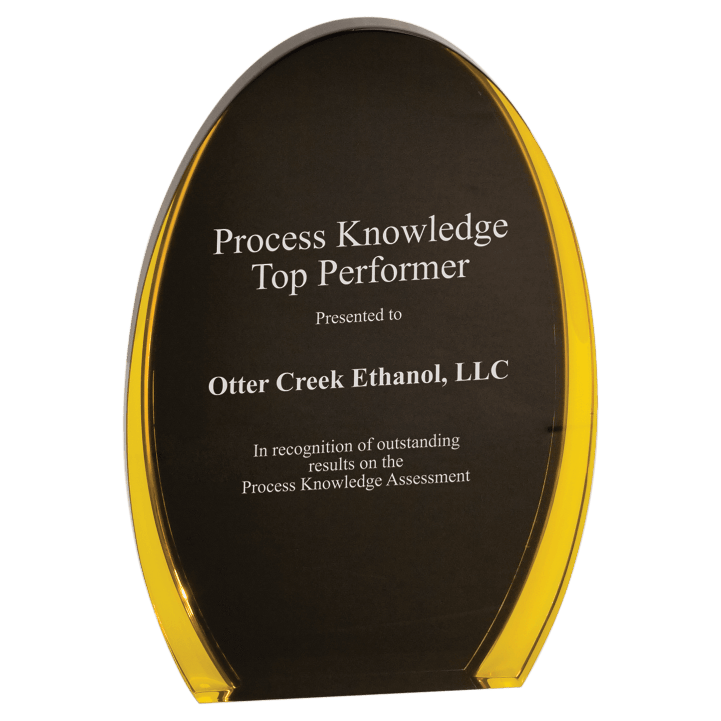 Black & Gold Luminary Oval Acrylic award, 7", self-standing acrylic with clear engraving area