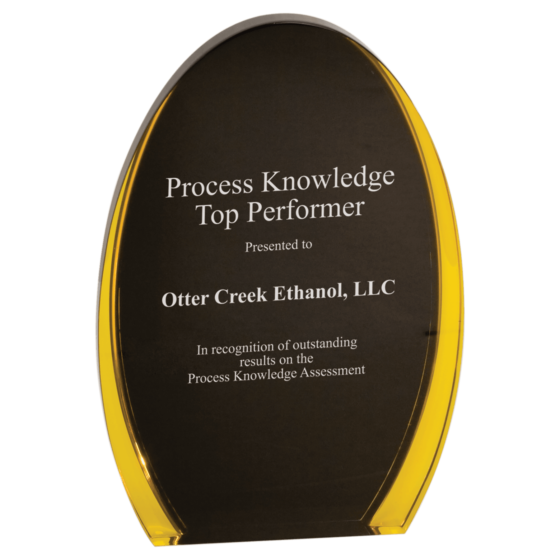 Black & Gold Luminary Oval Acrylic award, 7", self-standing acrylic with clear engraving area