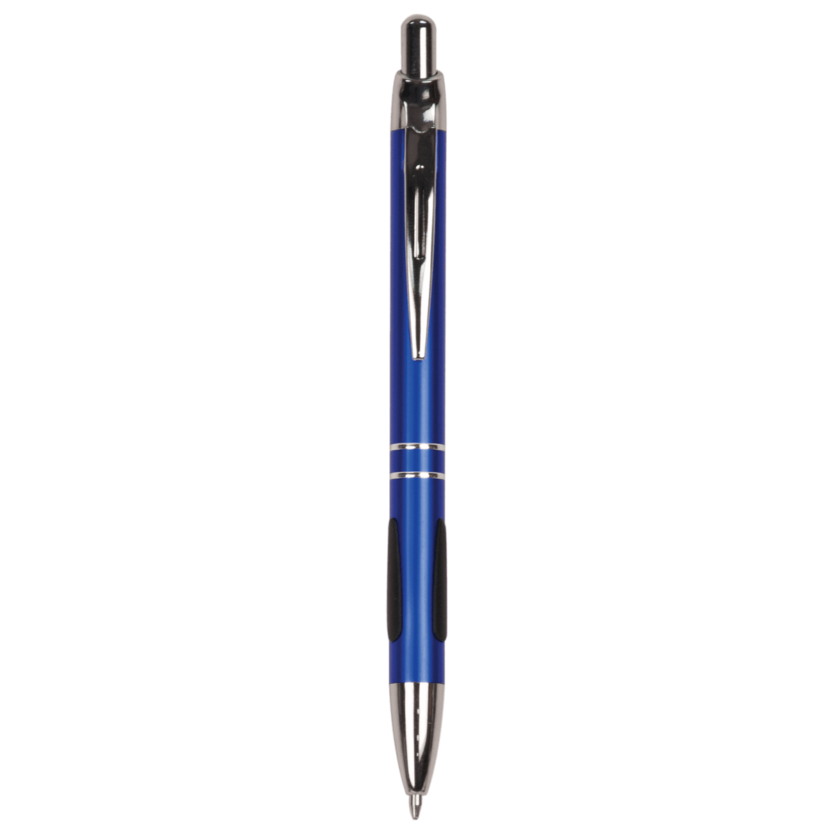Personalized blue anodized aluminum ballpoint pen with rubber gripper