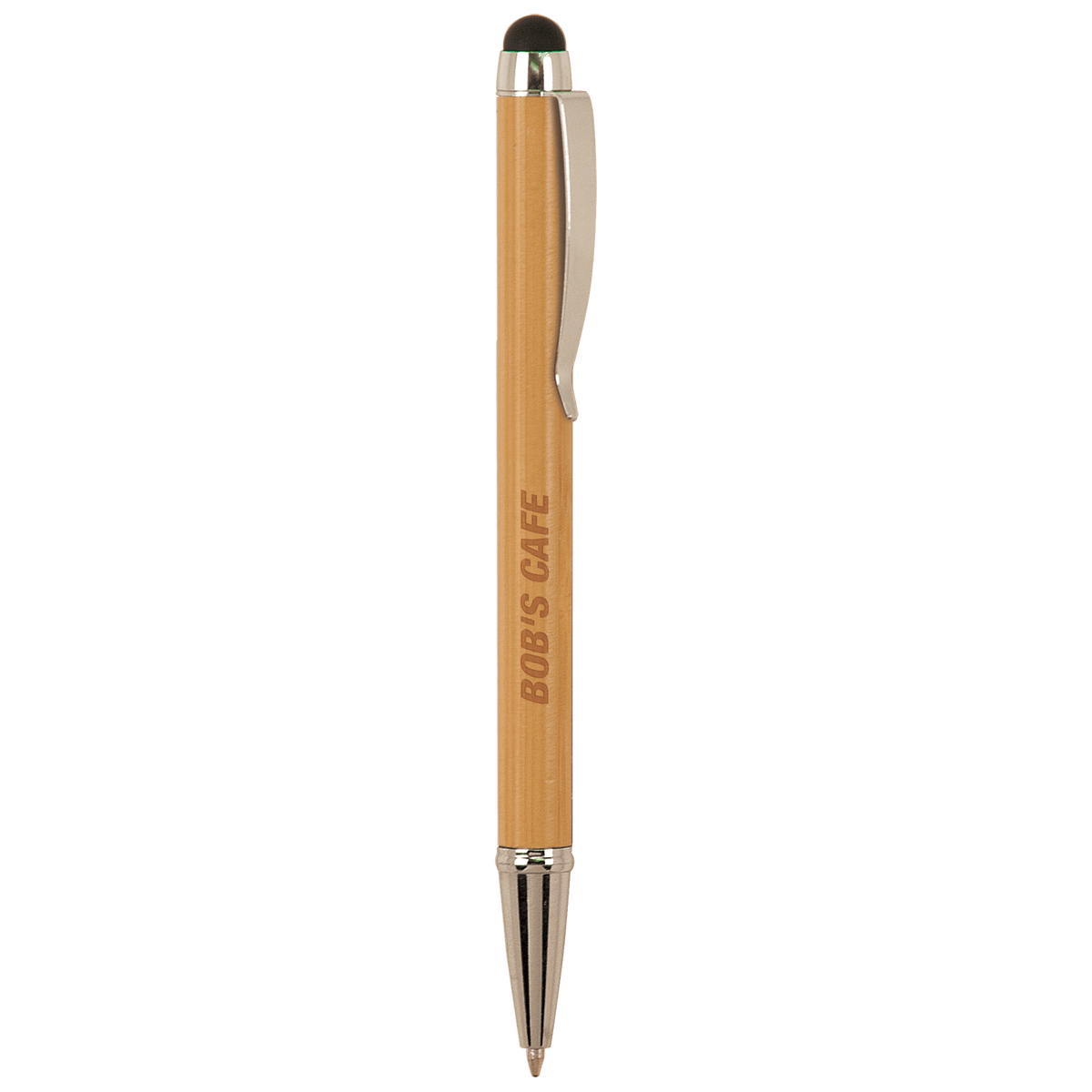 Personalized bamboo-finish ballpoint pen with stylus