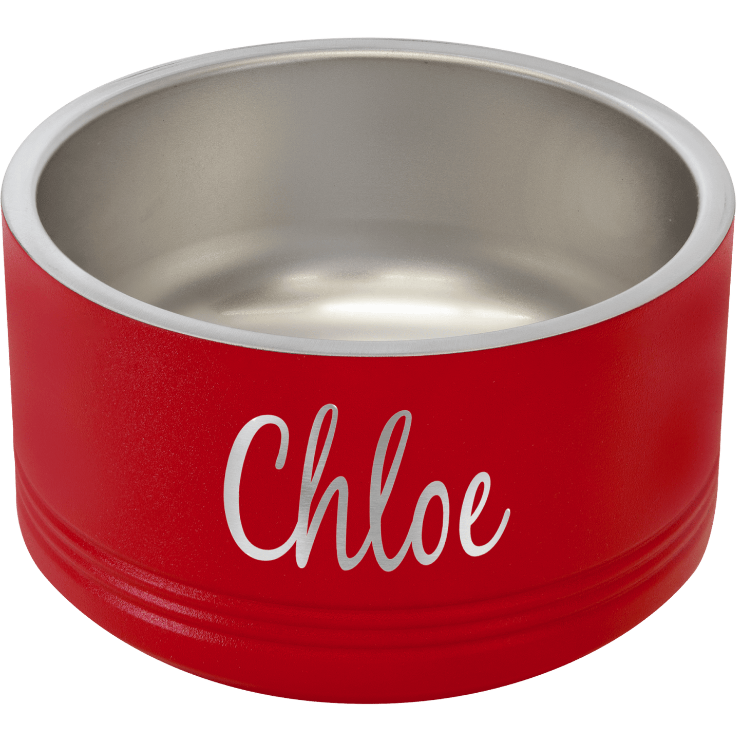 Red personalized stainless steel dog bowl