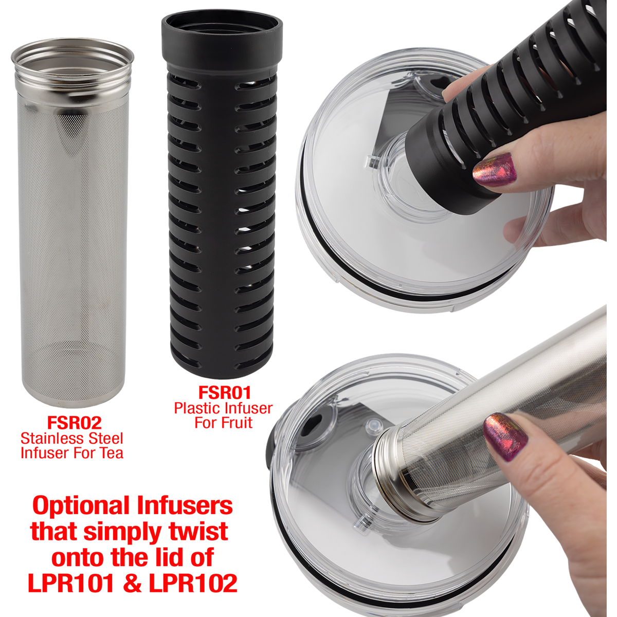 Matte black and white insulated pitchers with fruit and tea infusers