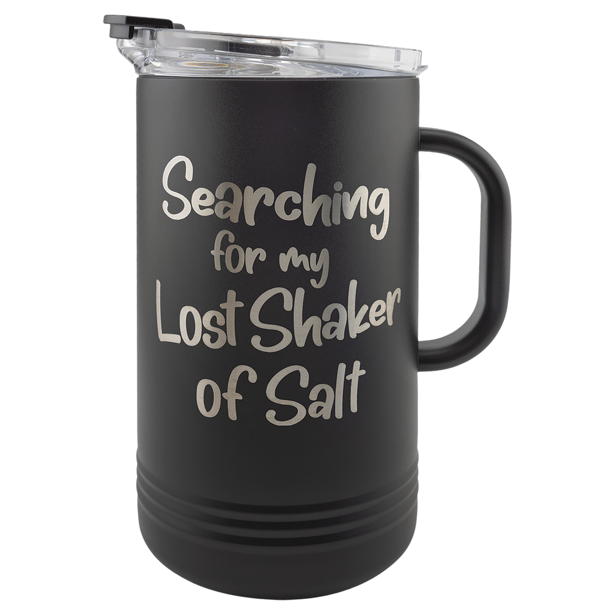 Engraved matte black insulated pitcher, handle side